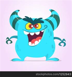 Cute cartoon monster with horns. Smiling monster emotion with big mouth. Halloween vector illustration