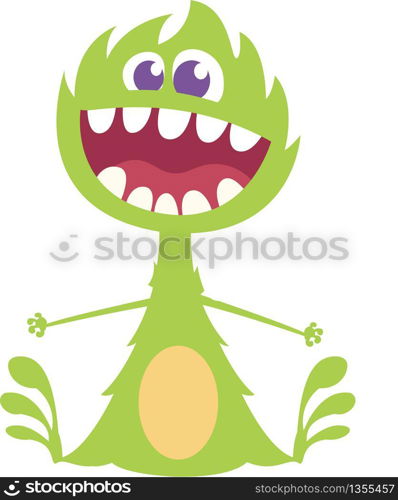 Cute cartoon monster with horns. Smiling monster emotion with big mouth. Halloween vector illustration