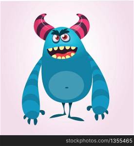 Cute cartoon monster with horns. Smiling monster emotion with big mouth. Halloween vector illustration
