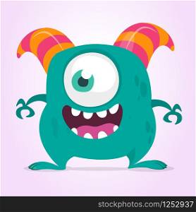 Cute cartoon monster with horns with one eye. Smiling monster emotion with big mouth. Halloween vector illustration