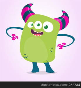 Cute cartoon monster with hornsand three eyes. Vector illustration