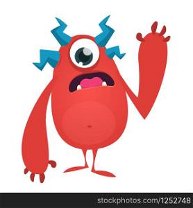 Cute cartoon monster with one eye. Vector Halloween illustration of funny red monster character
