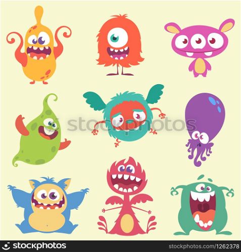 Cute cartoon monsters and alien character icons set. Halloween vector illustration