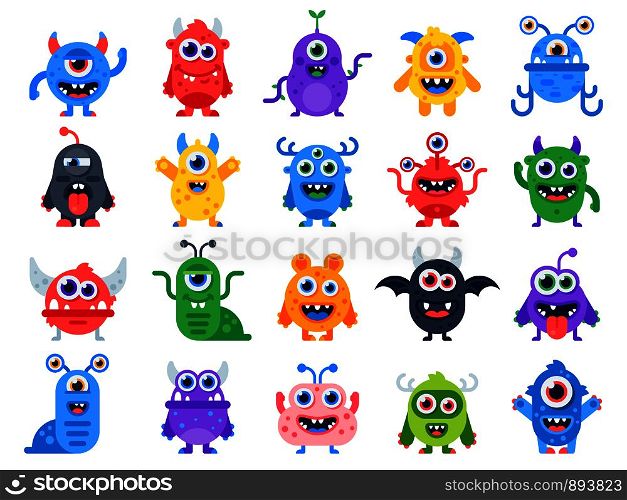 Cute cartoon monsters. Comic halloween joyful monster characters. Funny devil face, ugly silly alien and scary humor smile little furious creature character colorful flat isolated icon vector set. Cute cartoon monsters. Comic halloween joyful monster characters. Funny devil, ugly alien and smile creature flat vector set