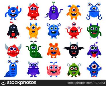 Cute cartoon monsters. Comic halloween joyful monster characters. Funny devil face, ugly silly alien and scary humor smile little furious creature character colorful flat isolated icon vector set. Cute cartoon monsters. Comic halloween joyful monster characters. Funny devil, ugly alien and smile creature flat vector set