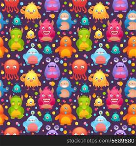 Cute cartoon monsters funny alien character dark background seamless pattern with bubbles vector illustration