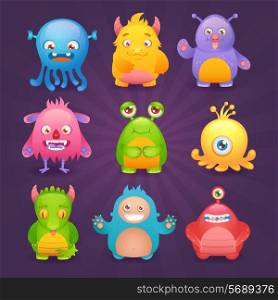 Cute cartoon monsters funny alien character icons set isolated on dark background vector illustration