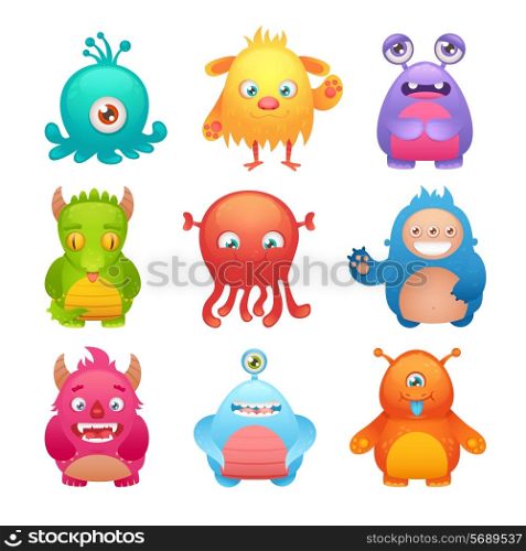 Cute cartoon monsters funny alien character icons set isolated vector illustration