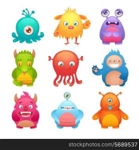 Cute cartoon monsters funny alien character icons set isolated vector illustration