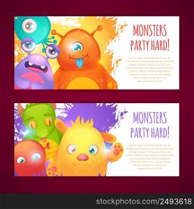 Cute cartoon monsters funny alien character party hard horizontal banners set isolated vector illustration