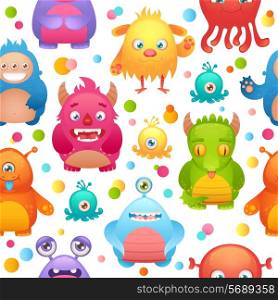 Cute cartoon monsters little funny alien mutant character seamless pattern vector illustration