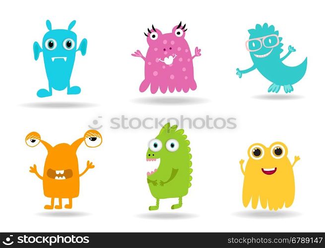 Cute Cartoon Monsters set. Kids illustration. Boy and girl clothing, textile, posters, books and notebooks design monsters elements