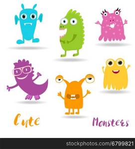 Cute Cartoon Monsters set. Kids illustration. Boy and girl clothing, textile, posters, books and notebooks design monsters elements