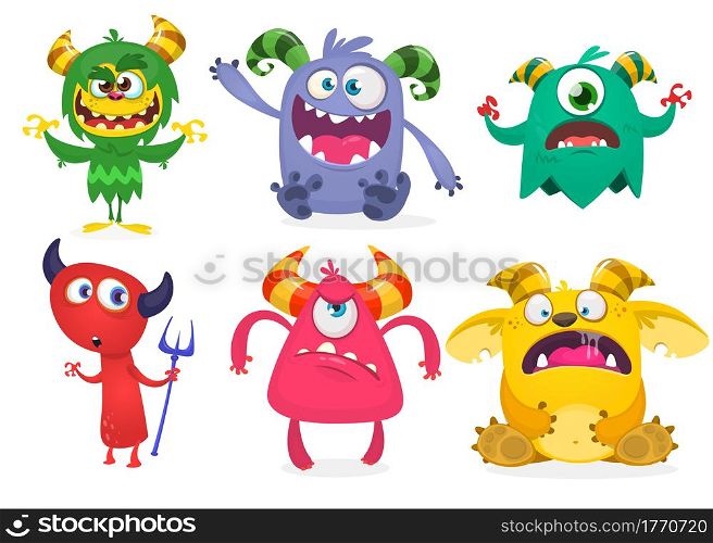 Cute cartoon Monsters. Set of cartoon monsters: ghost, goblin, cyclops; bigfoot yeti, troll, devil and alien . Halloween design