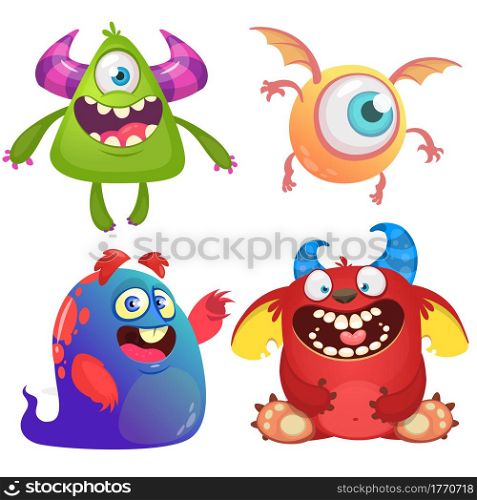 Cute cartoon Monsters. Set of cartoon monsters: ghost, goblin or troll, cyclops and alien . Halloween design