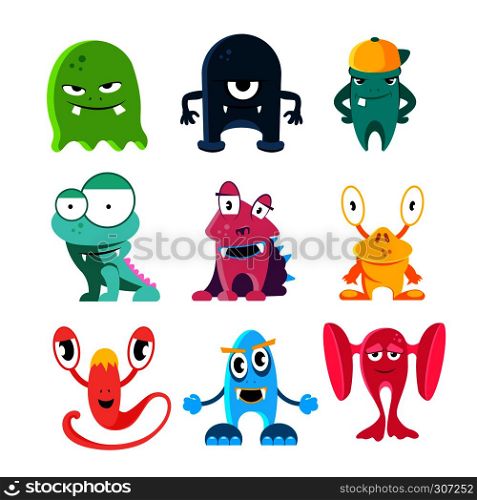 Cute cartoon monsters, vector funny characters with spooky eyes. Cute cartoon monsters, vector illustration of funny characters