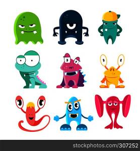 Cute cartoon monsters, vector funny characters with spooky eyes. Cute cartoon monsters, vector illustration of funny characters