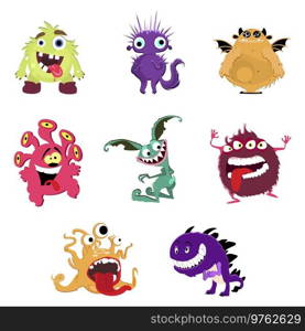 Cute cartoon monsters. Vector goblin or troll, cyclops and ghost. Illustration funny monsters set with original ears tails and eyes. Tentacle bizarre and friendly mascot characters. Silly gremlin toy. Cute cartoon monsters. Vector goblin or troll, cyclops and ghost