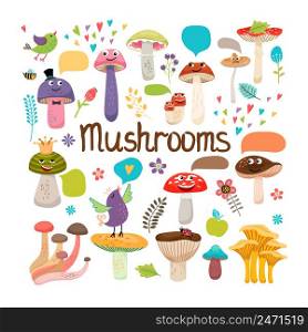 Cute cartoon mushrooms with faces and speech bubbles with birds and insects colored vector design on white