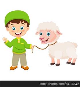 Cute cartoon muslim boy celebrating Eid al Adha with lamb