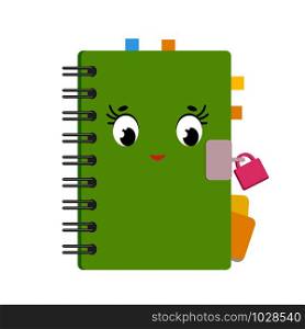 Cute cartoon notepad on a spiral in a green cover with bookmarks. Cute character. Simple flat vector illustration isolated on white background. Cute cartoon notepad on a spiral in a green cover with bookmarks. Cute character. Simple flat vector illustration isolated on white background.