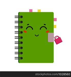 Cute cartoon notepad on a spiral in a green cover with bookmarks. Cute character. Simple flat vector illustration isolated on white background. Cute cartoon notepad on a spiral in a green cover with bookmarks. Cute character. Simple flat vector illustration isolated on white background.