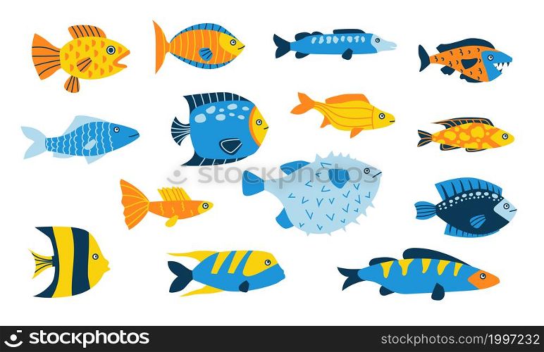 Cute cartoon ocean fish. Undersea swimming creature, sea animal with bright tail fins and scales, brown colors aquarium goldfish. Marine isolated single element, underwater fauna vector illustration. Doodle fish drawing. Summer abstract minimalistic water animals with simple ornamental pattern, happy fish characters. Blue and yellow underwater fauna. Vector cartoon isolated set