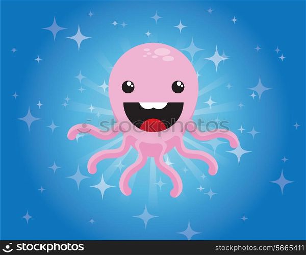 Cute cartoon octopus character on blue background, vector
