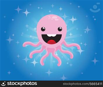 Cute cartoon octopus character on blue background, vector