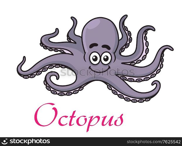 Cute cartoon octopus with a happy smiling face and waving tentacles on white with the text - Octopus - below. Cartoon octopus