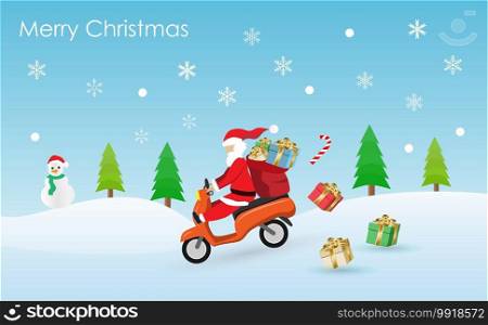 Cute cartoon of Santa Claus riding scooter with giftbag delivery gifts to people in Christmas with falling snow and christmas trees background. 