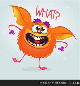 Cute cartoon orange monster. Vector fat monster mascot character. Halloween design for party decoration, print or children book