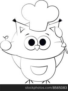 Cute cartoon Owl chef. Draw illustration in black and white
