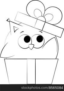 Cute cartoon Owl in gift box. Draw illustration in black and white
