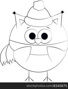 Cute cartoon Owl in hat and scarf. Draw illustration in black and white