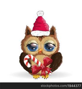 Cute Cartoon Owl in Santa hat with Candy cane on a white background. Cute Cartoon Owl in Santa hat on a white background