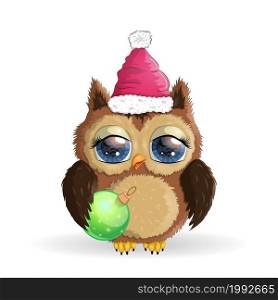 Cute Cartoon Owl in Santa hat with Christmas ball, gift on a white background. Cute Cartoon Owl in Santa hat on a white background