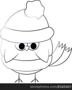 Cute cartoon Owl in winters hat and scarf. Draw illustration in black and white