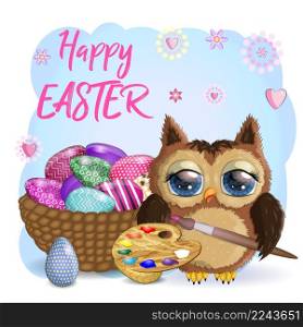 Cute cartoon owl with Easter eggs, basket, greeting card with text. Cute cartoon owl with Easter eggs, basket, greeting card with text.