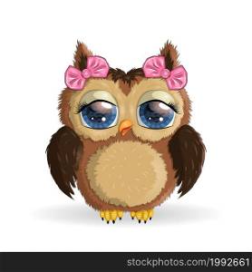 Cute Cartoon Owl with flowers and butterflies.. Cute Cartoon Owl on a meadow with flowers and butterflies
