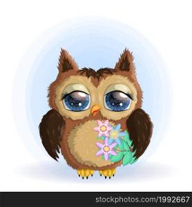 Cute Cartoon Owl with flowers and butterflies.. Cute Cartoon Owl on a meadow with flowers and butterflies