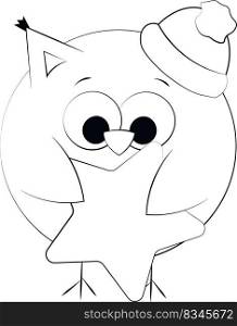 Cute cartoon Owl with hat and star. Draw illustration in black and white