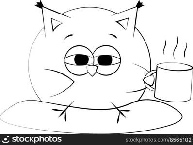 Cute cartoon Owl with pillow and coffee. Draw illustration in black and white