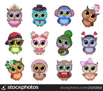 Cute cartoon owls. Owl designs, isolated animal in caps and hat. Summer and winter characters, funny wild birds wear green scarf and sunglasses, garish vector set. Illustration of owl animal. Cute cartoon owls. Owl designs, isolated animal in caps and hat. Summer and winter characters, funny wild birds wear green scarf and sunglasses, garish vector set