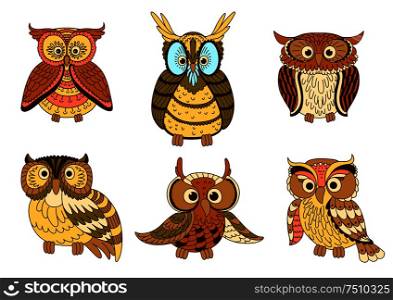 Cute cartoon owls, owlets and eagle owl birds with ornamental feathers, decorated by strips and spots in pastel colors. Halloween mascot, education emblem, childish book design. Cartoon funny owlets and eagle owl birds