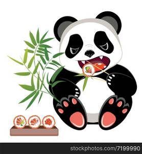 Cute cartoon panda bear eating tasty sushi design.