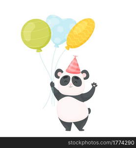 Cute cartoon panda character with air balloons. Birthday card. vector illustration