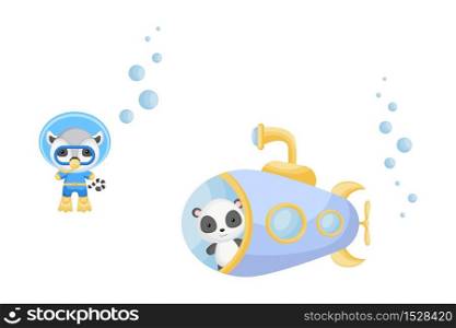 Cute cartoon panda looks out of submarine window and cute lemur in diving suit swim underwater. Design of t-shirt, album, card, invitation. Flat vector illustration isolated on white background.