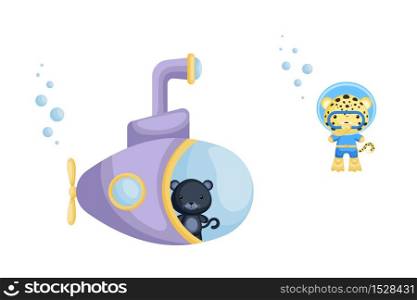 Cute cartoon panthelooks out of submarine window and cute jaguar in diving suit swim underwater. Design of t-shirt, album, card, invitation. Flat vector illustration isolated on white background.