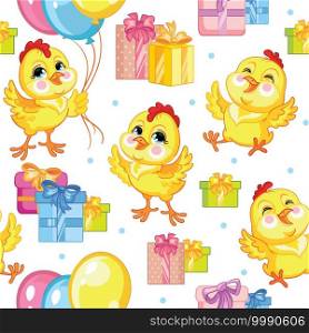 Cute cartoon party chickens with balloons and presents. Vector seamless pattern on white background. Illustration for party, print, baby shower, wallpaper, design, decor,design cushion, linen, dishes. Seamless vector pattern cute party chickens and presents